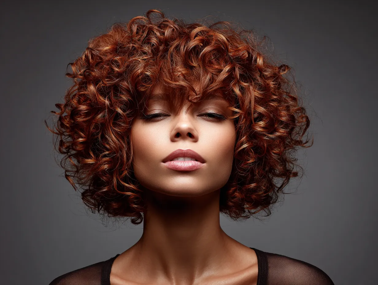 close-up image of a woman with a curly shag haircut, irregular asymmetric micro fringe, rich auburn curls with unruly layered edges, vintage color tone