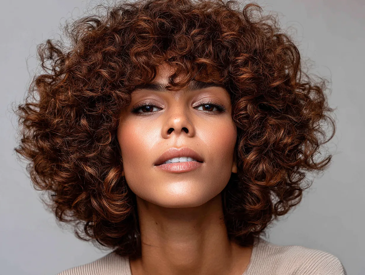 close-up portrait of a woman with a curly shag haircut, dark auburn coils, lifted crown, layered side sections, film-inspired tones, non-standard face, light background