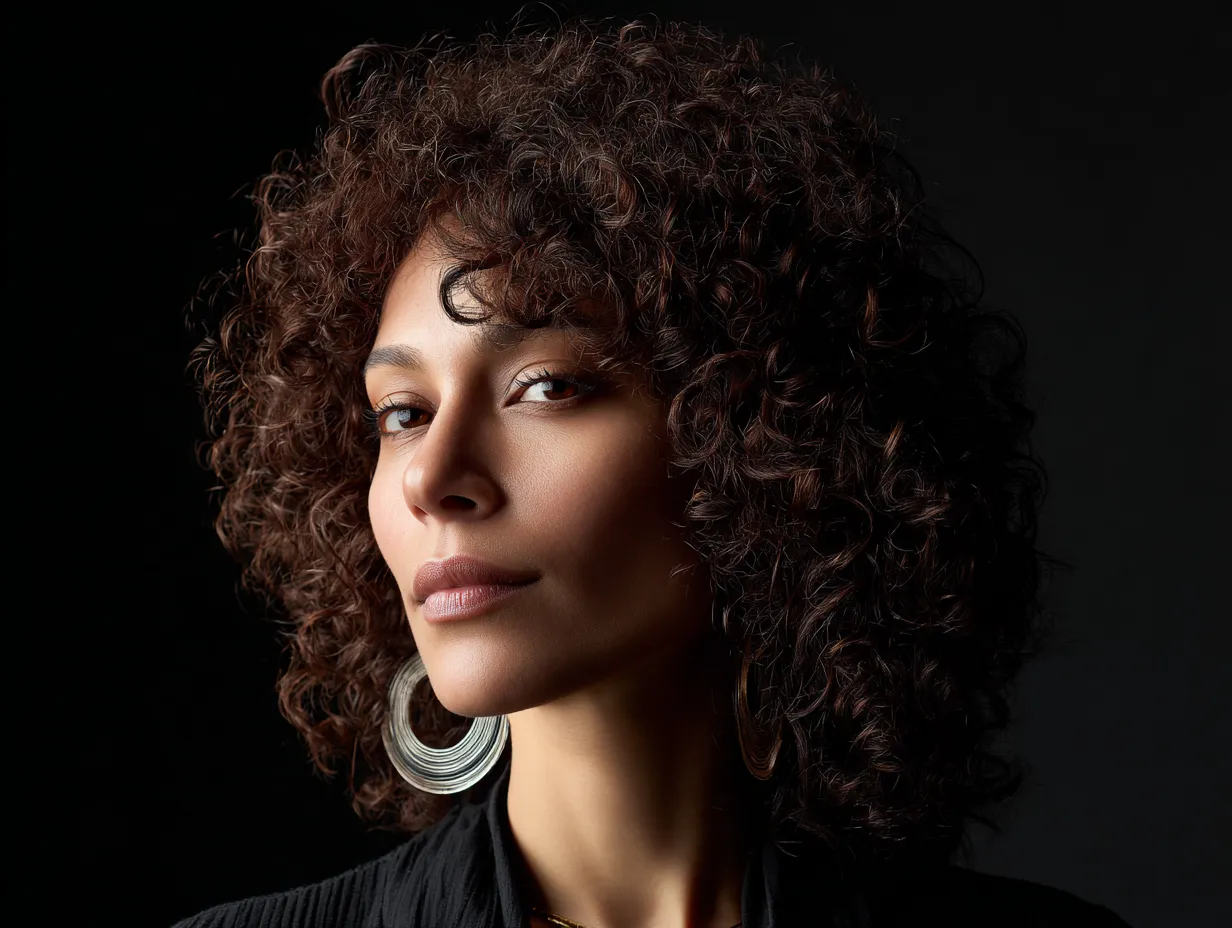 headshot of a woman with a curly shag haircut, tight black ringlets, frizz-enhanced wild edges, undefined layers, dramatic lighting