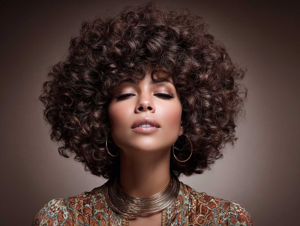 headshot portrait of a woman with a curly shag haircut, feathered layers, high volume top, deep chocolate brown curls, 70s retro glam lighting, soft shadows