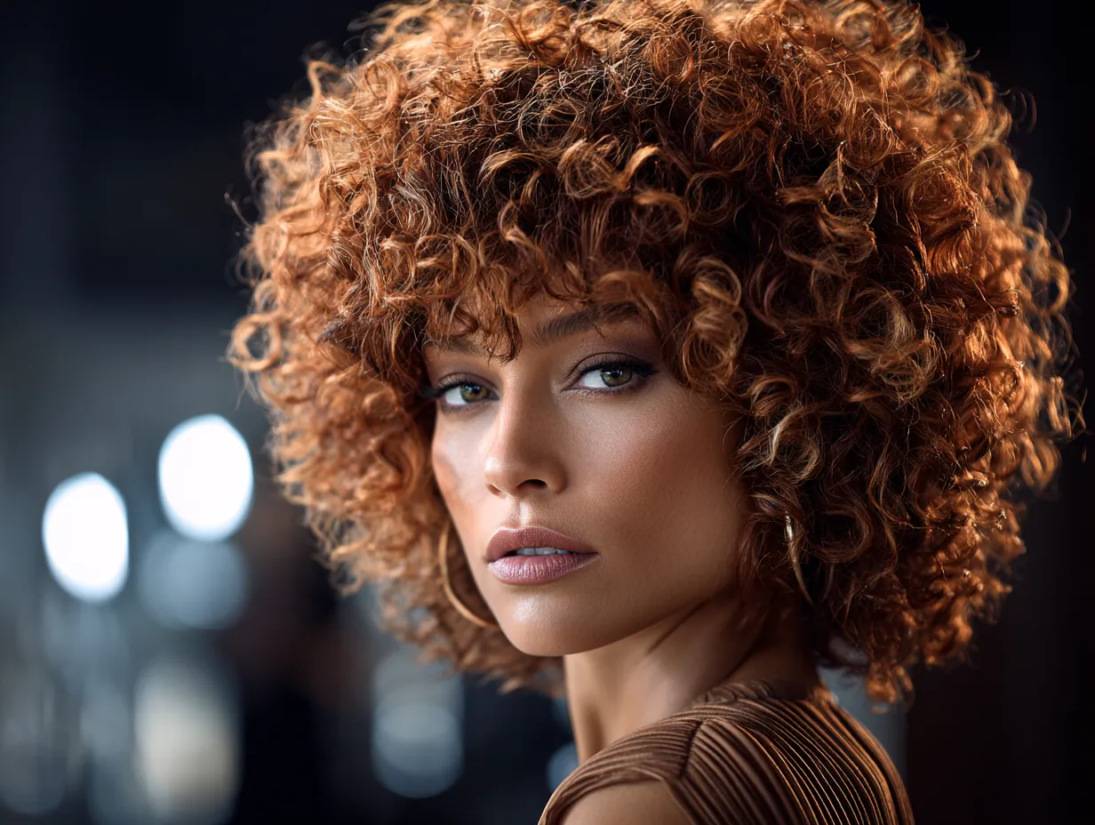 headshot of a woman with a curly shag haircut, voluminous crown, angled side fringe, copper-toned curls, vintage lighting, non-standard face, close-up focus, cinematic glow