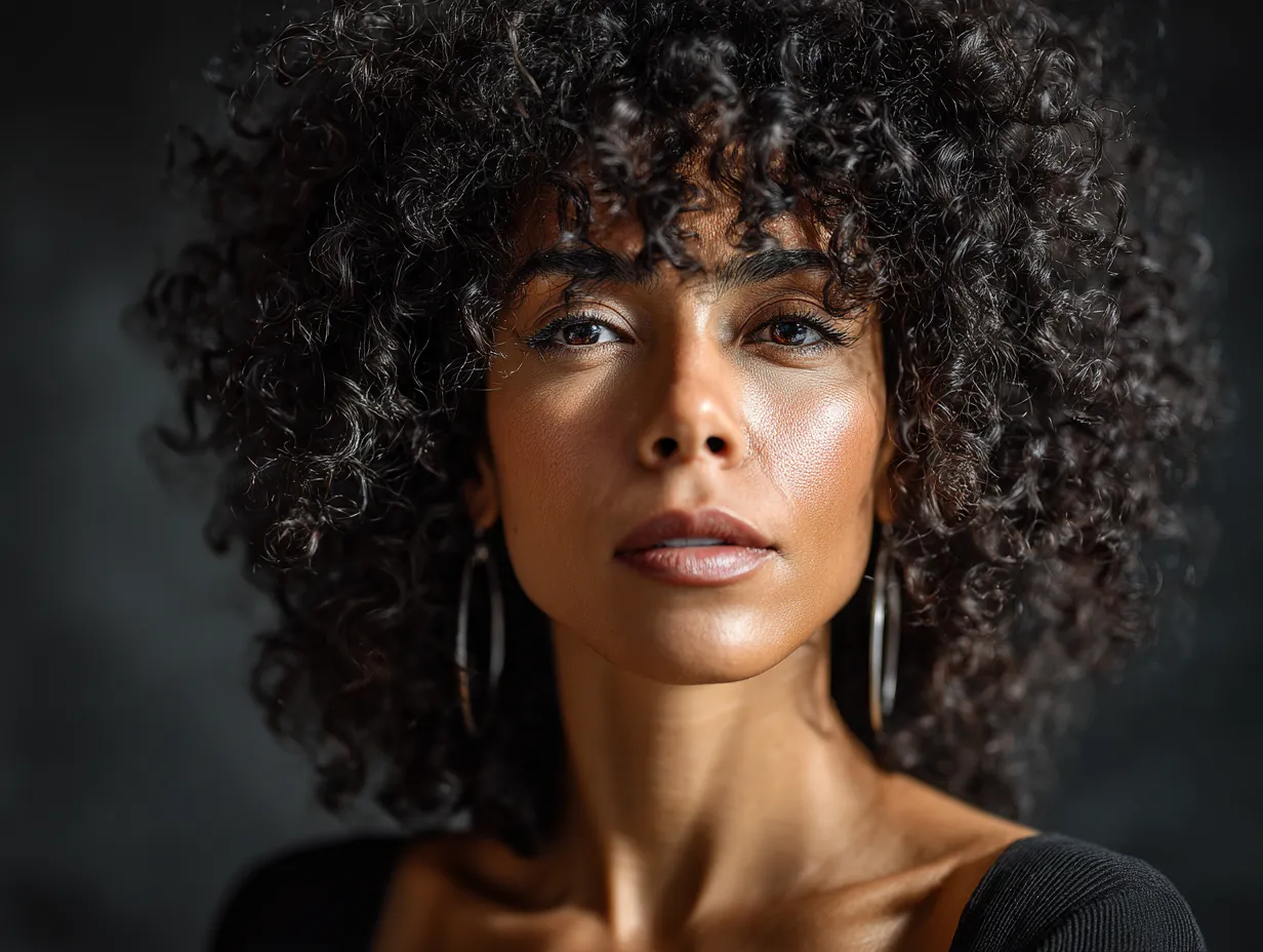 headshot of a woman with a curly shag haircut, tight black ringlets, frizz-enhanced wild edges, undefined layers, dramatic lighting