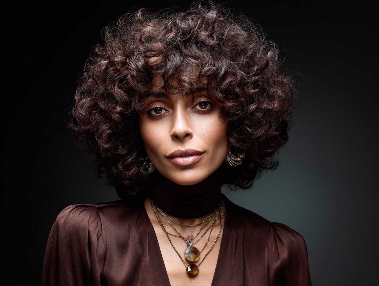 headshot portrait of a woman with a curly shag haircut, feathered layers, high volume top, deep chocolate brown curls, 70s retro glam lighting, soft shadows