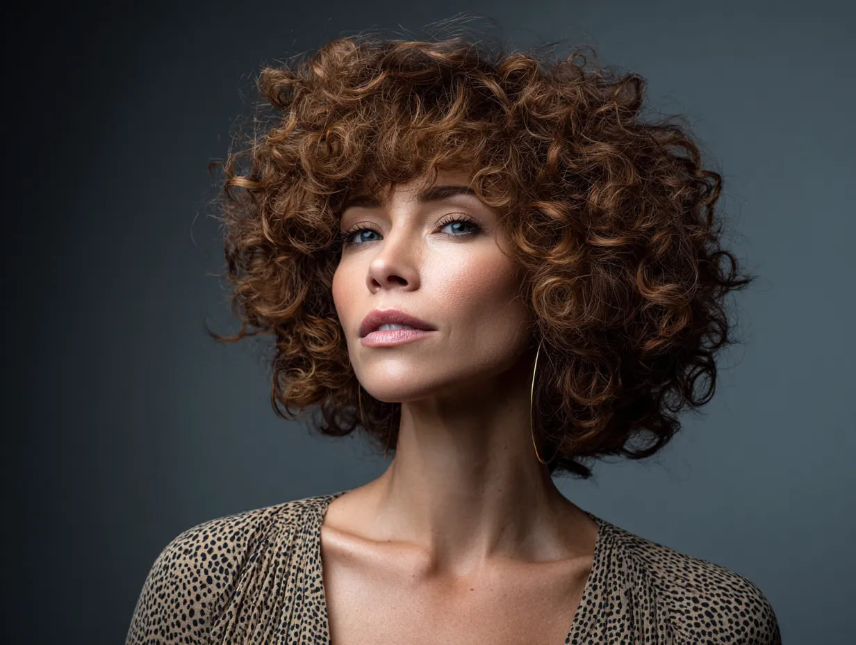 headshot of a woman with a curly shag haircut, voluminous crown, angled side fringe, copper-toned curls, vintage lighting, non-standard face, close-up focus, cinematic glow