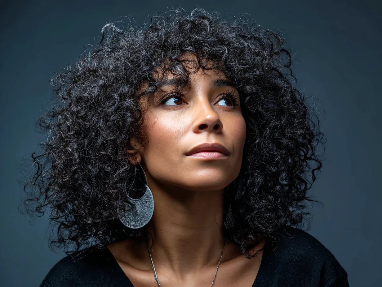 headshot of a woman with a curly shag haircut, tight black ringlets, frizz-enhanced wild edges, undefined layers, dramatic lighting