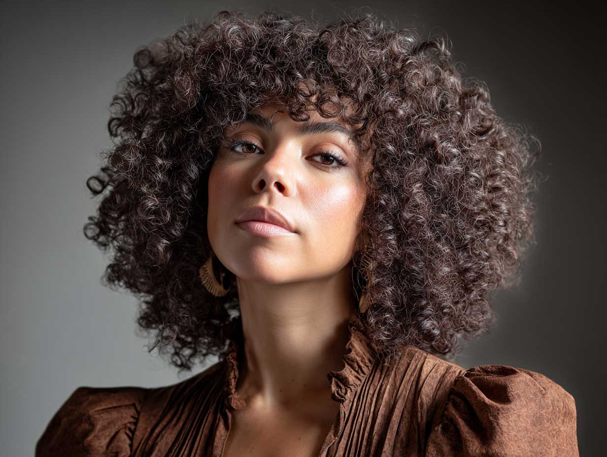 headshot portrait of a woman with a curly shag haircut, feathered layers, high volume top, deep chocolate brown curls, 70s retro glam lighting, soft shadows