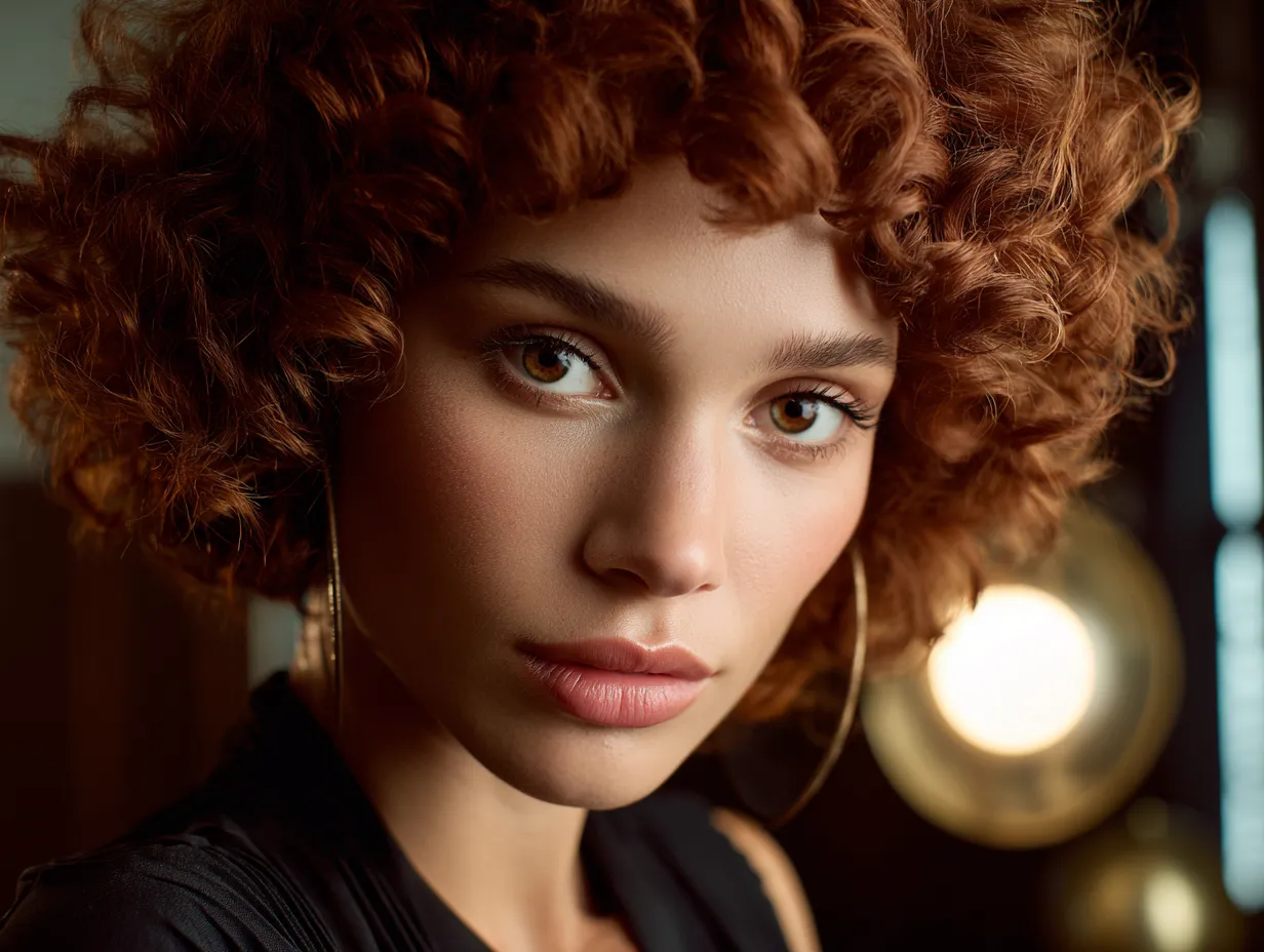 headshot of a woman with a curly shag haircut, voluminous crown, angled side fringe, copper-toned curls, vintage lighting, non-standard face, close-up focus, cinematic glow