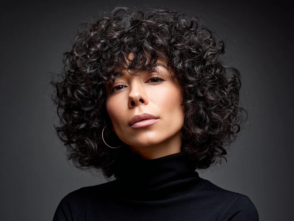 headshot of a woman with a curly shag haircut, tight black ringlets, frizz-enhanced wild edges, undefined layers, dramatic lighting