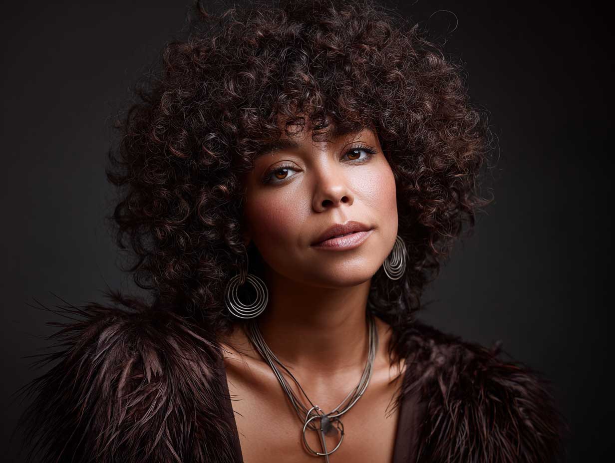 headshot portrait of a woman with a curly shag haircut, feathered layers, high volume top, deep chocolate brown curls, 70s retro glam lighting, soft shadows
