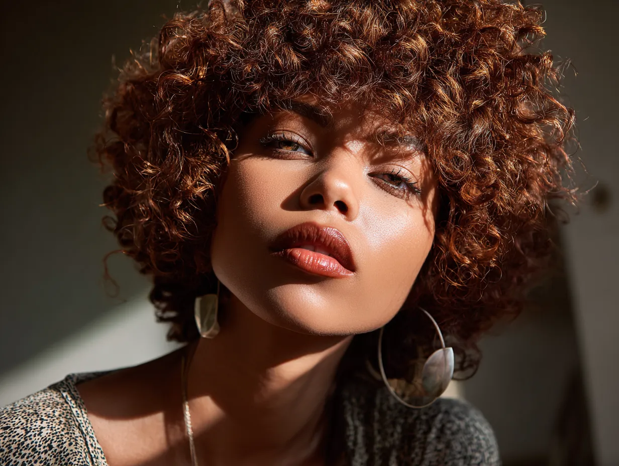 headshot of a woman with a curly shag haircut, voluminous crown, angled side fringe, copper-toned curls, vintage lighting, non-standard face, close-up focus, cinematic glow