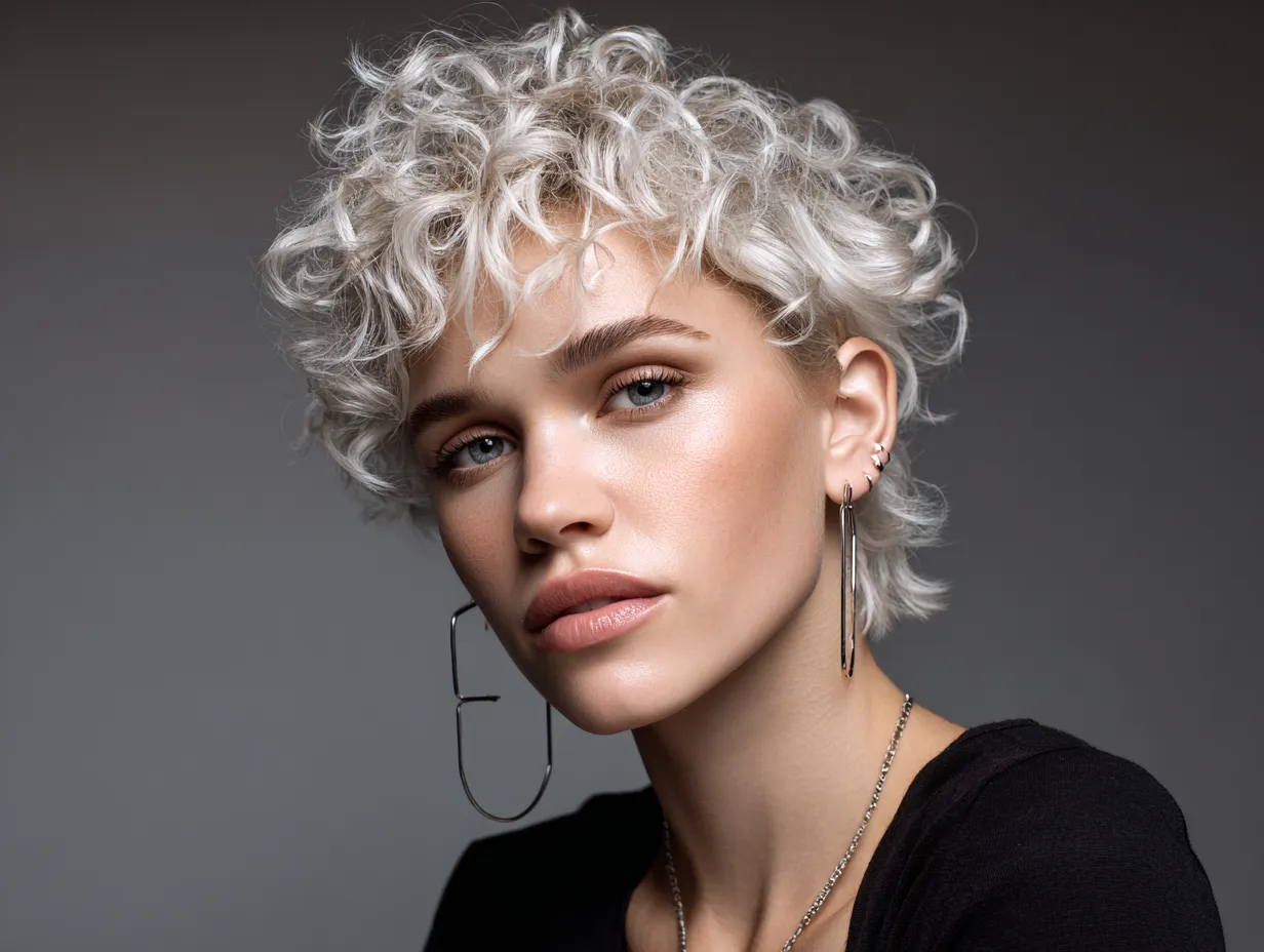 portrait of a woman with a curly shag haircut, razor-cut layers, ultra-short micro bangs, platinum blonde curls, soft ambient lighting