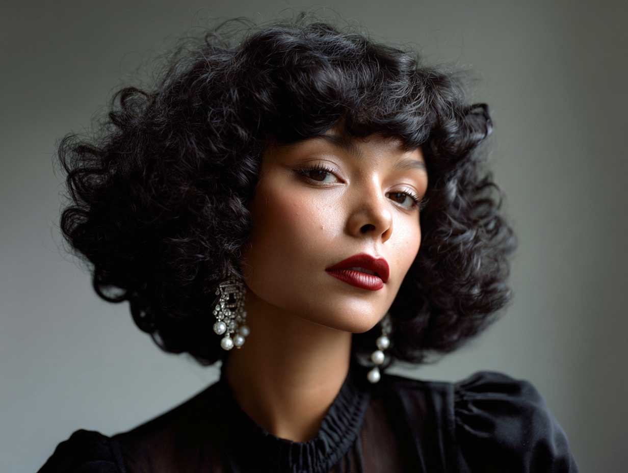 portrait of a woman with a curly shag haircut, jet black curls, dramatic short bangs, voluminous crown lift, soft glam makeup, 1980s inspired