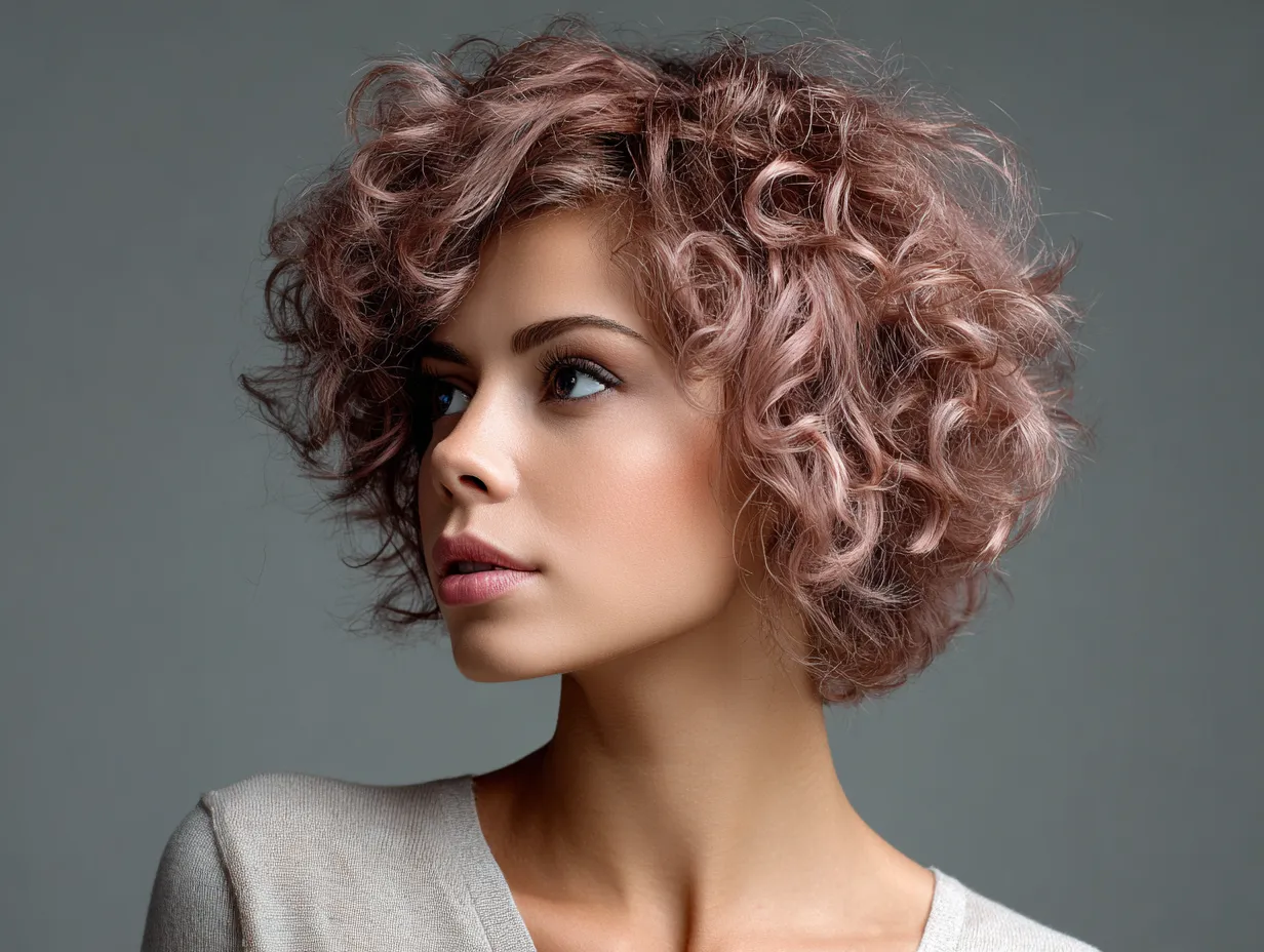 portrait of a woman with a curly shag haircut, chin-length soft curls, subtle tapered layers, dusty rose hair color, natural backlight, non-standard face, editorial-style composition