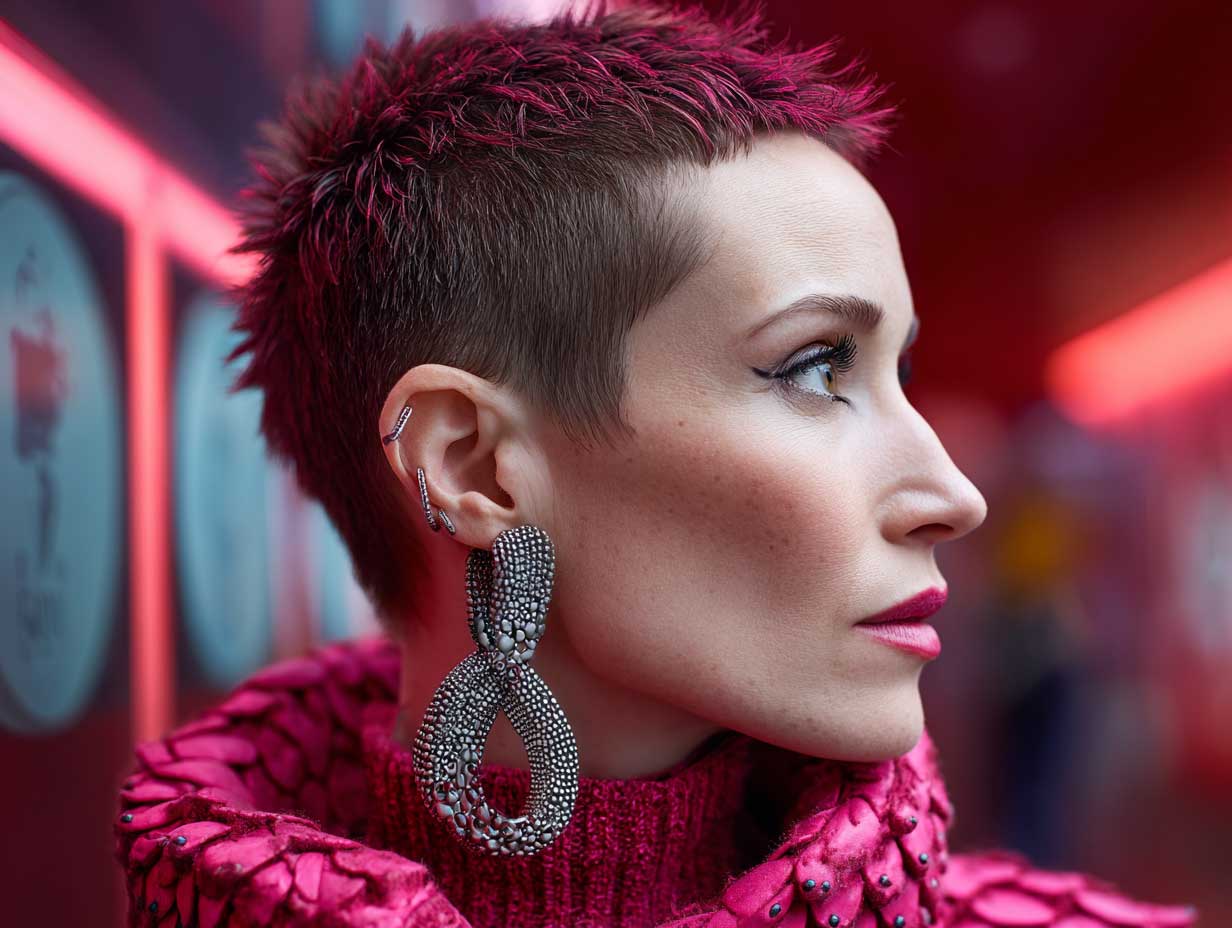 portrait of a woman with a spiked pixie cut in bold electric pink, edgy and structured texture, futuristic earrings, urban nighttime lighting, neon backdrop, non-standard sharp jawline, close-up face only