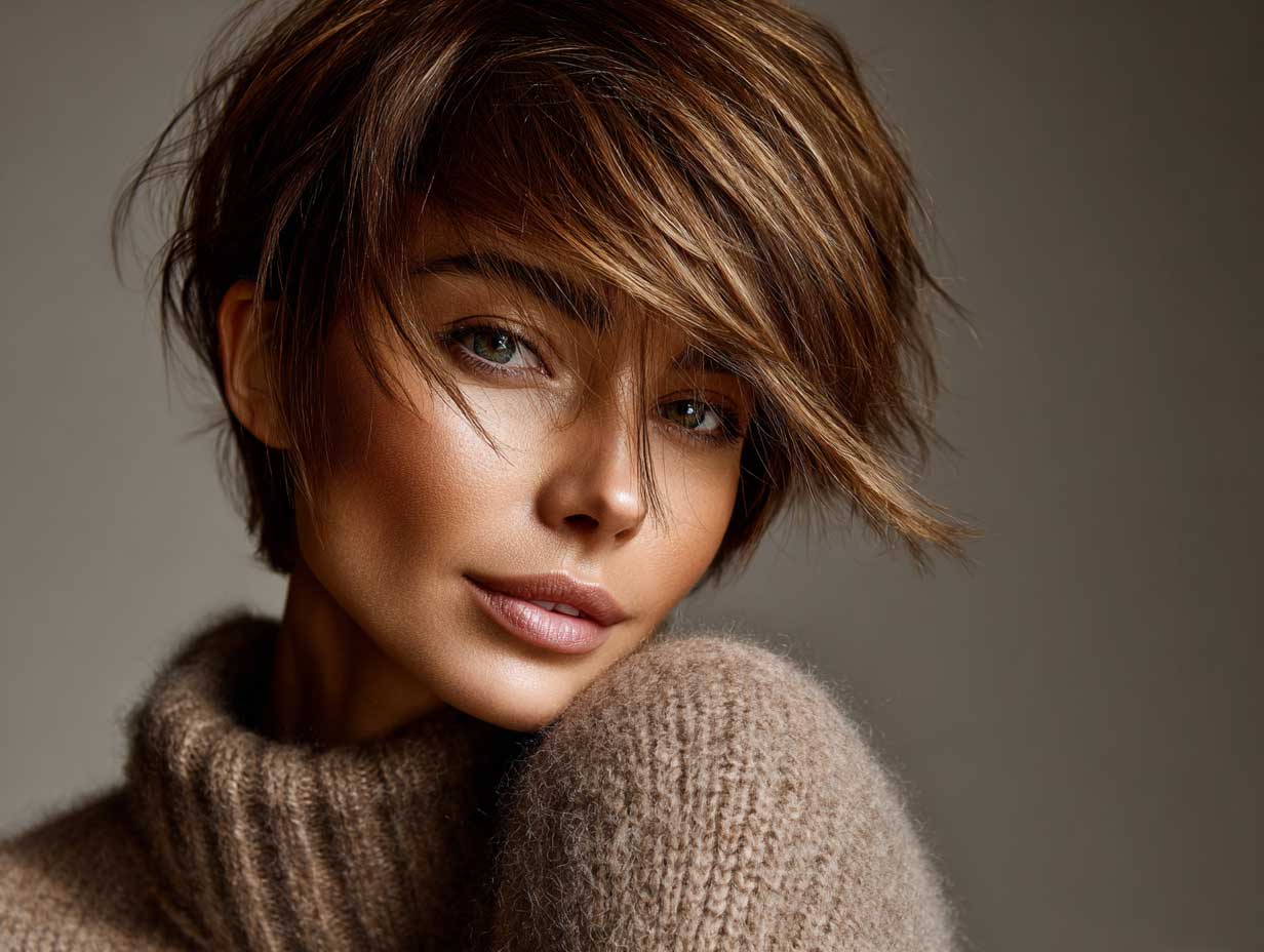 portrait of a woman with tousled short hair in rich cinnamon brown, softly layered with volume, side-swept bangs, wearing a textured neutral sweater, soft lighting, editorial beauty shot, unique face structure, close-up only