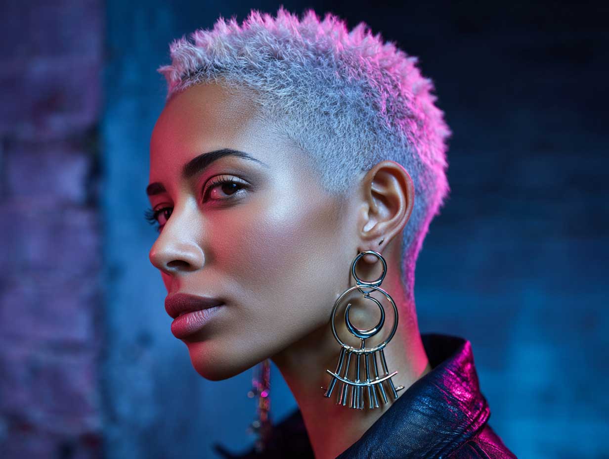 portrait of a woman with a spiked pixie cut in bold electric pink, edgy and structured texture, futuristic earrings, urban nighttime lighting, neon backdrop, non-standard sharp jawline, close-up face only