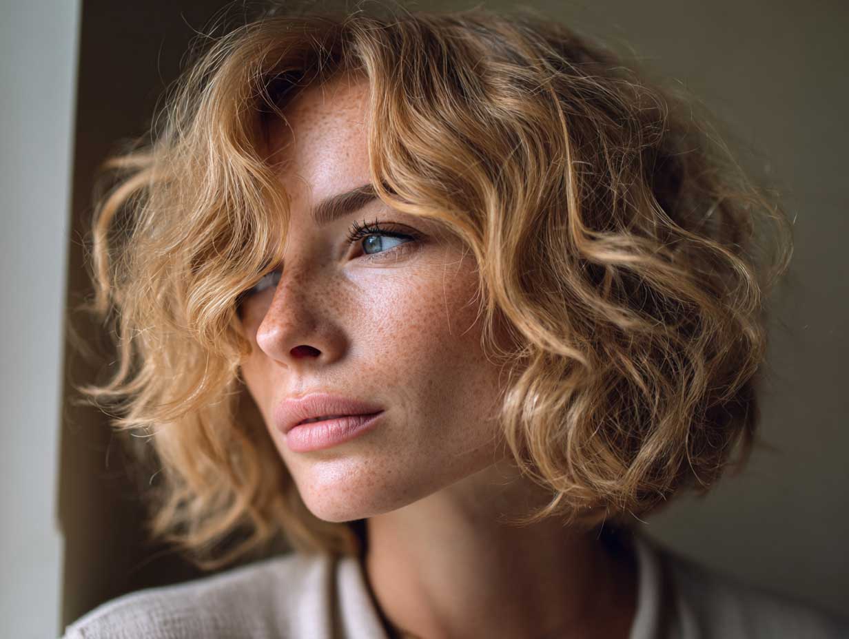 portrait of a woman with soft bixie haircut in natural sandy blonde, subtle face-framing waves, minimal makeup, soft daylight through window, slightly freckled skin, oval face, close-up focus on hairstyle and texture