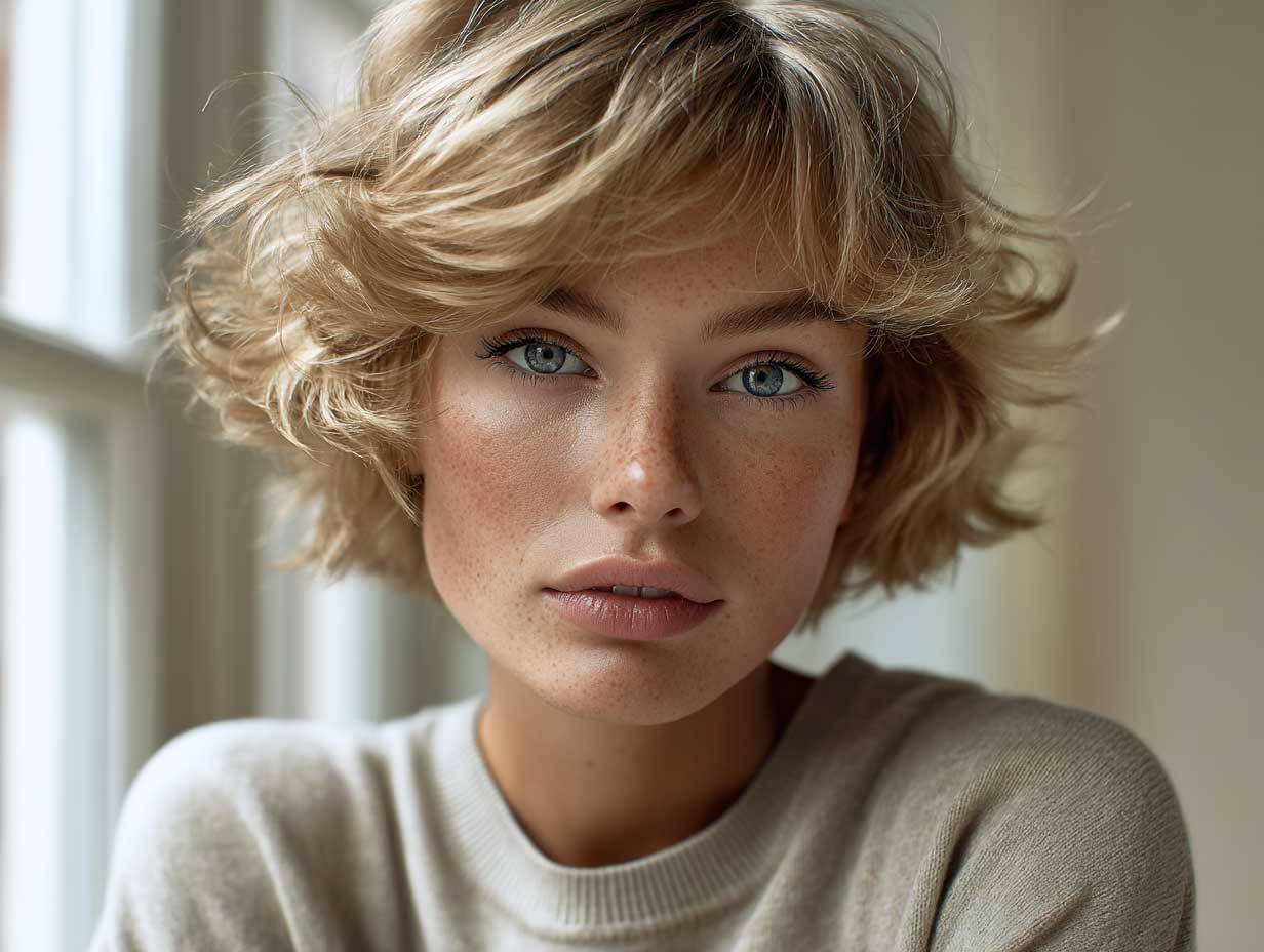 portrait of a woman with soft bixie haircut in natural sandy blonde, subtle face-framing waves, minimal makeup, soft daylight through window, slightly freckled skin, oval face, close-up focus on hairstyle and texture