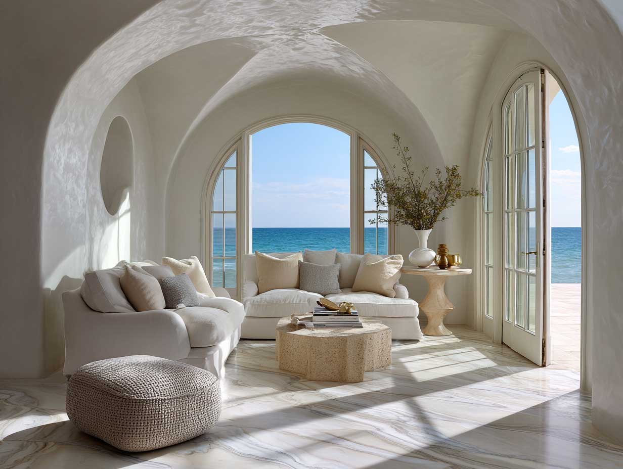 Mediterranean coastal living room with soft beige marble floor featuring wave-like sand-colored veining, white stucco walls, open arched windows with sea view, linen slipcovered furniture, sunlight casting shadows on textured marble, breezy seaside atmosphere, high detail, warm natural palette