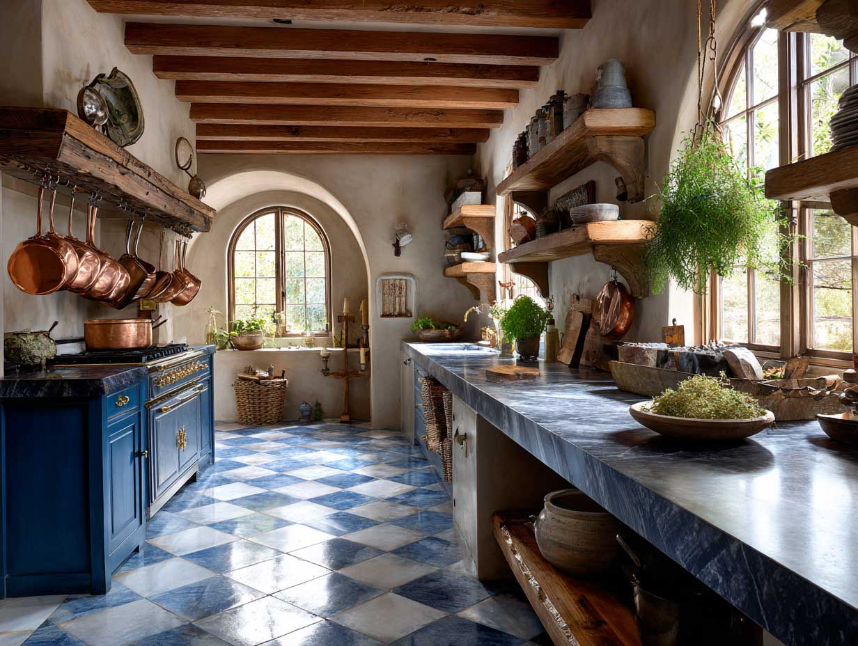 Mediterranean Tuscan kitchen with blue and white checkerboard marble floor, sunlit wooden ceiling beams, vintage copper cookware, painted tile backsplash, rustic open shelving, herbs hanging near arched window, light reflecting off polished stone floor, cozy farmhouse vibe, full interior view