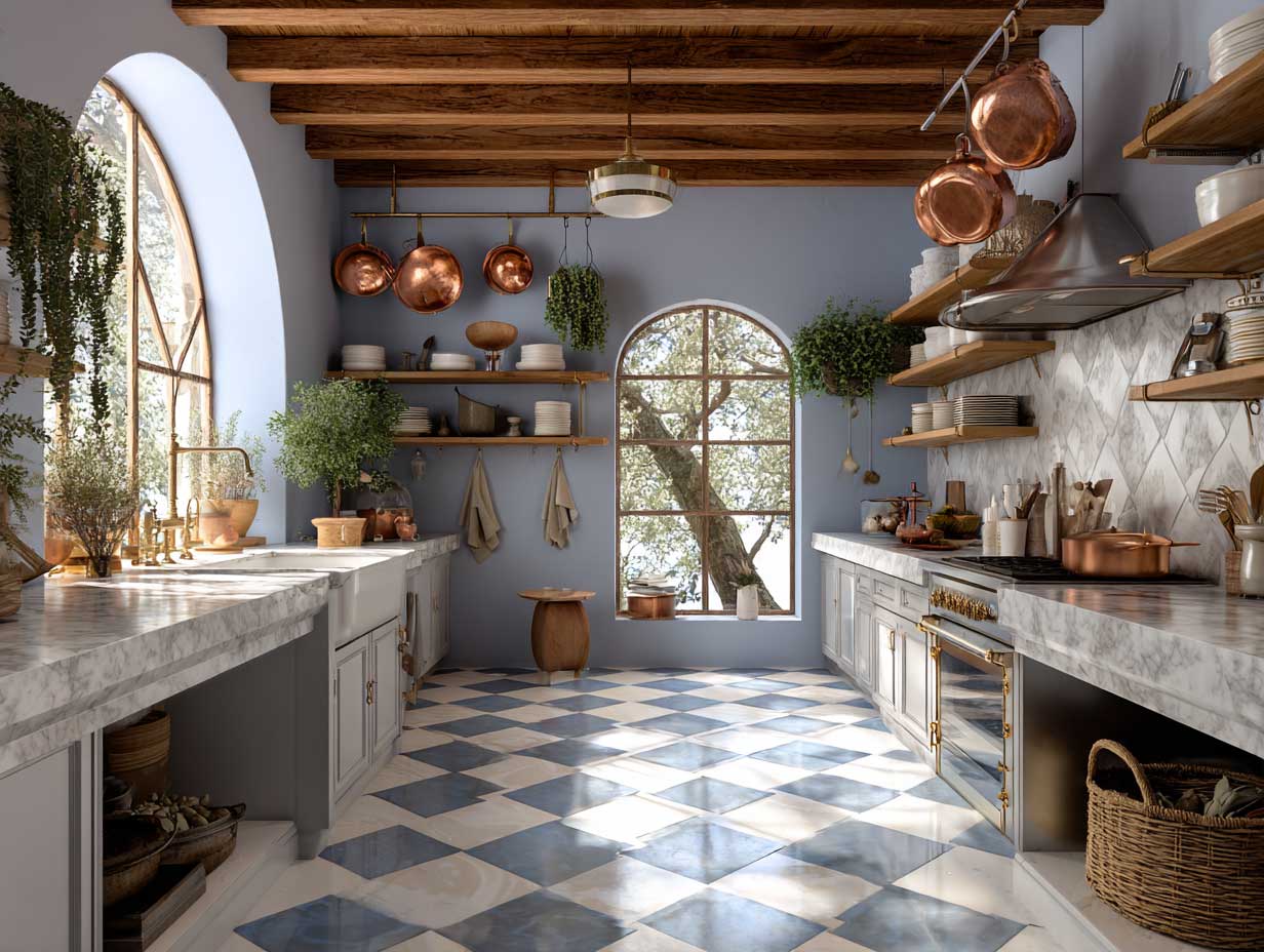 Mediterranean Tuscan kitchen with blue and white checkerboard marble floor, sunlit wooden ceiling beams, vintage copper cookware, painted tile backsplash, rustic open shelving, herbs hanging near arched window, light reflecting off polished stone floor, cozy farmhouse vibe, full interior view