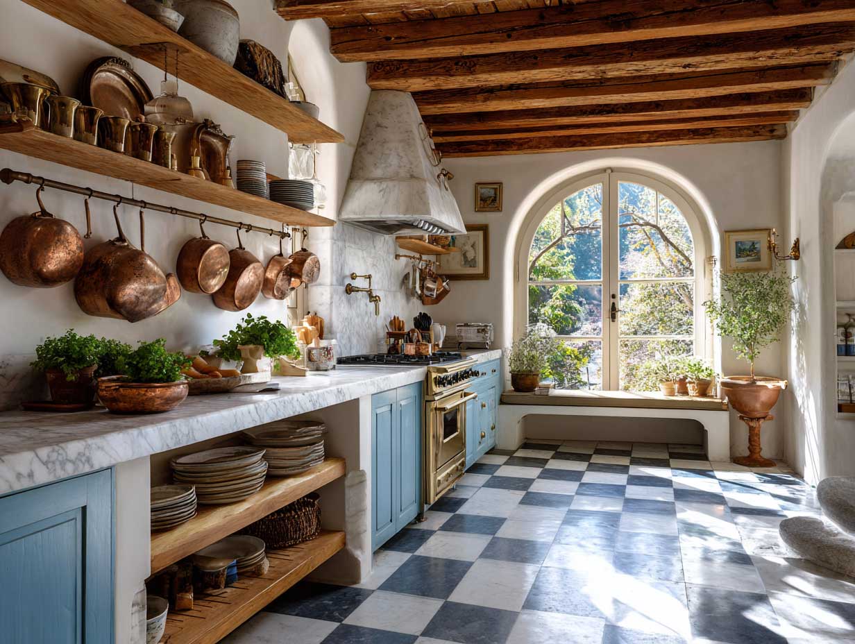 Mediterranean Tuscan kitchen with blue and white checkerboard marble floor, sunlit wooden ceiling beams, vintage copper cookware, painted tile backsplash, rustic open shelving, herbs hanging near arched window, light reflecting off polished stone floor, cozy farmhouse vibe, full interior view