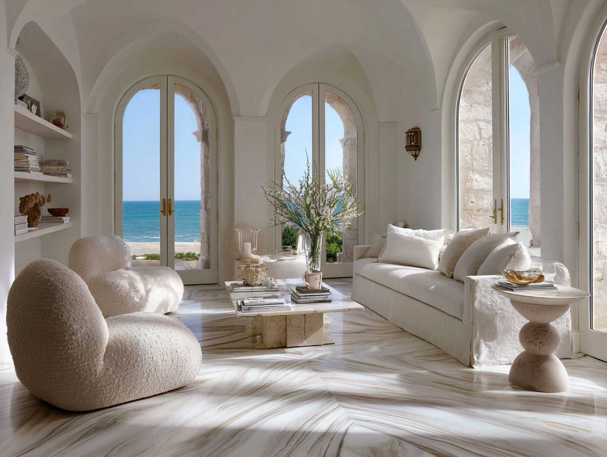 Mediterranean coastal living room with soft beige marble floor featuring wave-like sand-colored veining, white stucco walls, open arched windows with sea view, linen slipcovered furniture, sunlight casting shadows on textured marble, breezy seaside atmosphere, high detail, warm natural palette