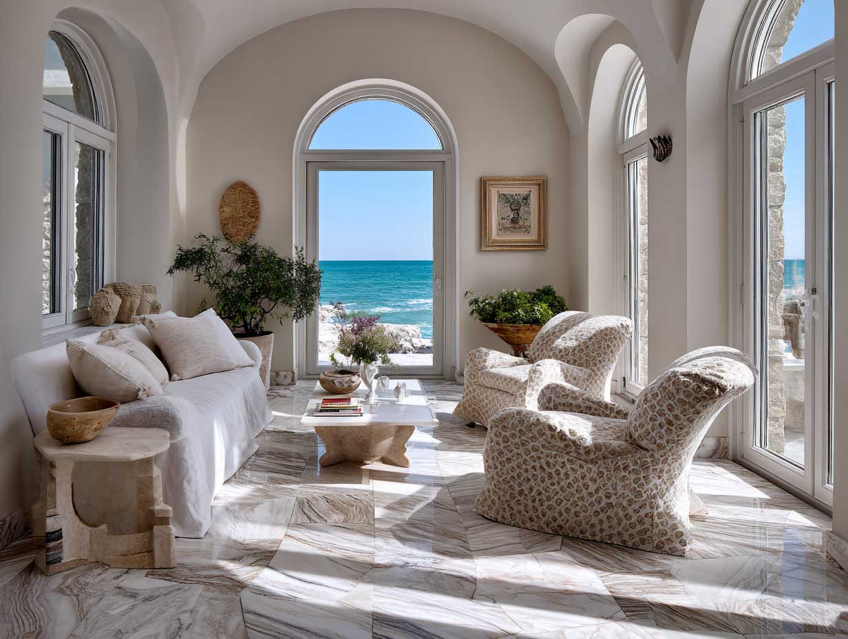 Mediterranean coastal living room with soft beige marble floor featuring wave-like sand-colored veining, white stucco walls, open arched windows with sea view, linen slipcovered furniture, sunlight casting shadows on textured marble, breezy seaside atmosphere, high detail, warm natural palette
