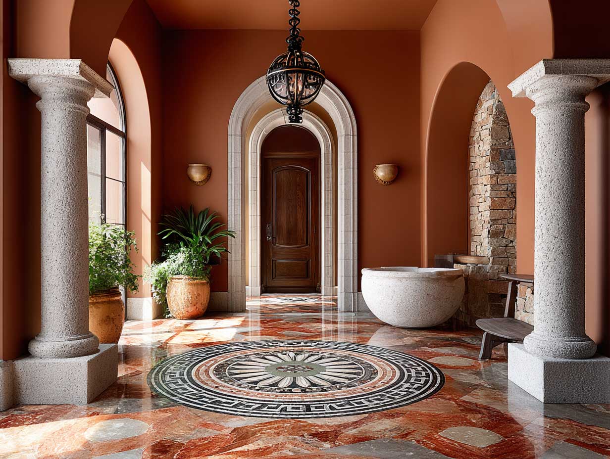 Mediterranean foyer with circular mosaic marble floor medallions in terracotta red, olive green, and ivory, sunlit arched doorway, stone columns, wrought iron lantern hanging from ceiling, warm earth-toned walls, intricate artisan floor pattern, ancient-inspired symmetry, detailed floor texture