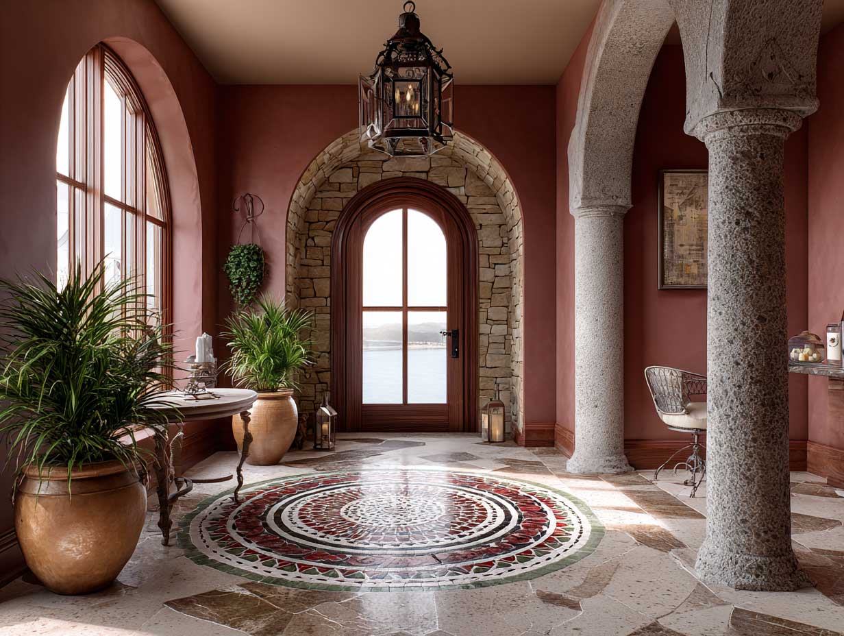 Mediterranean foyer with circular mosaic marble floor medallions in terracotta red, olive green, and ivory, sunlit arched doorway, stone columns, wrought iron lantern hanging from ceiling, warm earth-toned walls, intricate artisan floor pattern, ancient-inspired symmetry, detailed floor texture