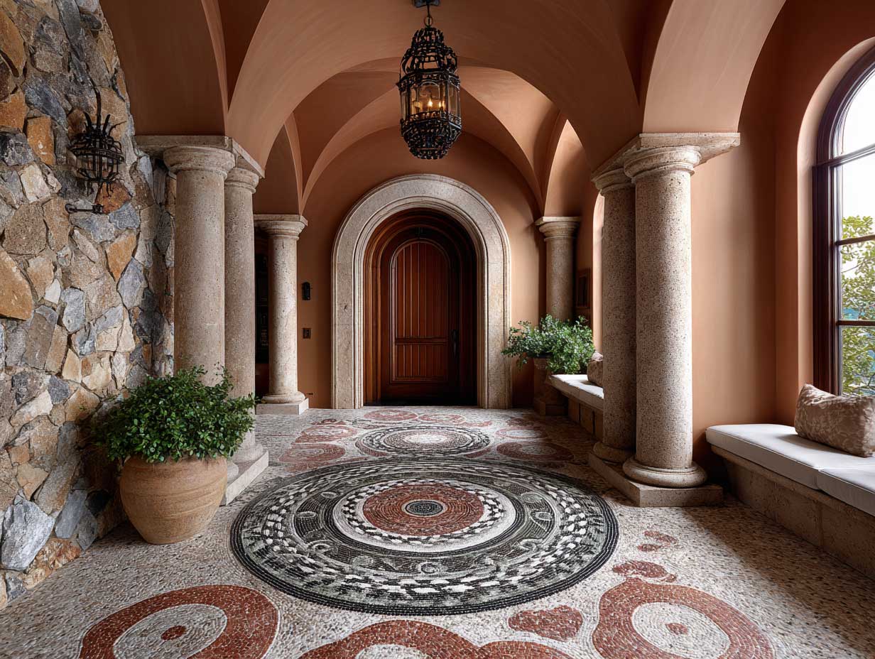 Mediterranean foyer with circular mosaic marble floor medallions in terracotta red, olive green, and ivory, sunlit arched doorway, stone columns, wrought iron lantern hanging from ceiling, warm earth-toned walls, intricate artisan floor pattern, ancient-inspired symmetry, detailed floor texture