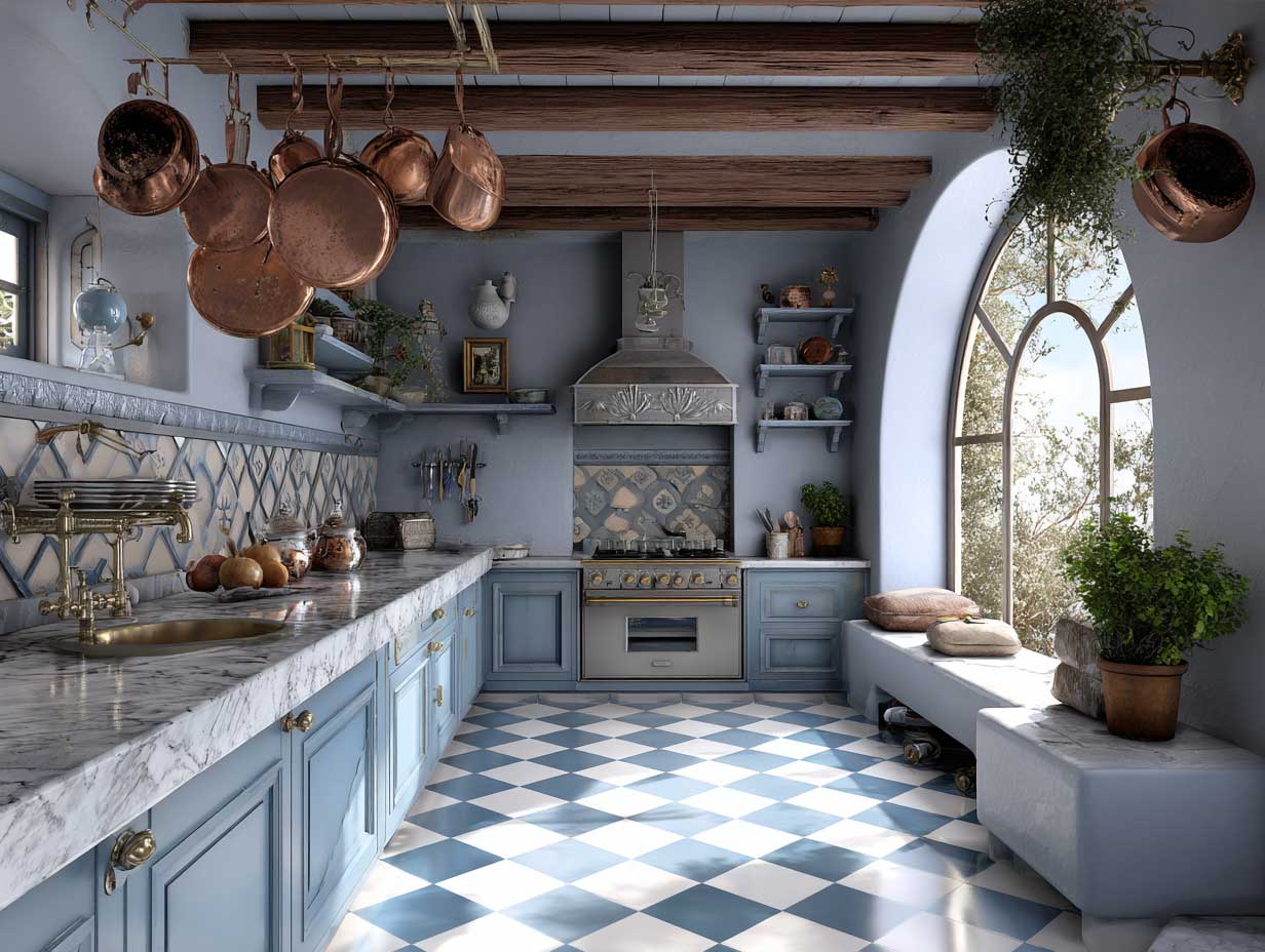 Mediterranean Tuscan kitchen with blue and white checkerboard marble floor, sunlit wooden ceiling beams, vintage copper cookware, painted tile backsplash, rustic open shelving, herbs hanging near arched window, light reflecting off polished stone floor, cozy farmhouse vibe, full interior view
