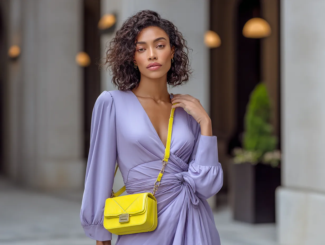 Lilac wrap dress paired with lemon yellow crossbody bag, romantic urban background, glowing skin, soft curls, stylish evening setting, modern and elegant, full-length standing model