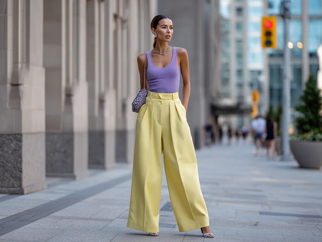 Lemon yellow wide-leg trousers with lilac fitted tank top, chic going out look, standing female model on modern city sidewalk, soft evening light, confident vibe, trendy fashion-forward outfit