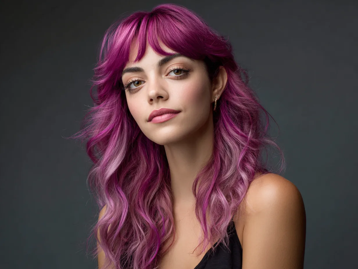 headshot, woman with bouncy high-volume blowout, flowing layers, bold fuchsia and ice lavender highlights, side-parted curtain bangs, glossy finish, wind-blown effect, indoor photoshoot lighting, modern styling