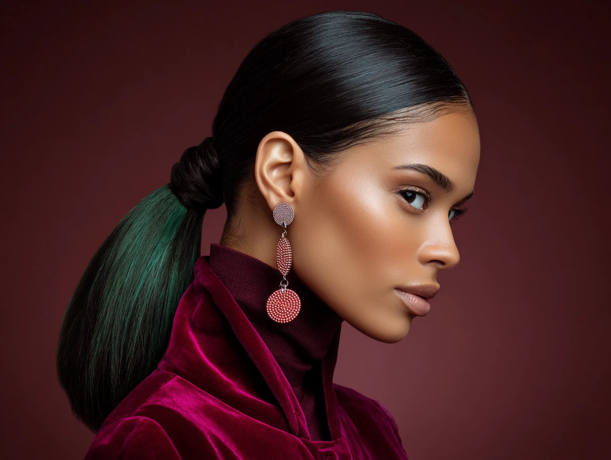 headshot, woman with sleek low ponytail wrapped with hair strand, deep side part, dual-tone emerald green and strawberry pink coloring, dramatic earring, soft spotlight backdrop, velvet texture implied in wardrobe, editorial tone