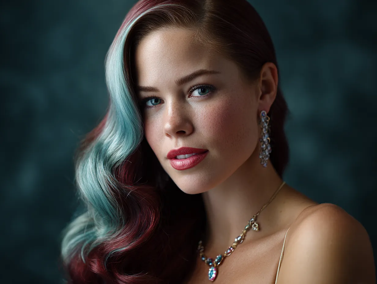 headshot, woman with long side-swept waves, deep side part, glossy hair in aquamarine and cherry red streaks, soft glam makeup, twilight lighting, romantic and cinematic vibe, delicate jewelry