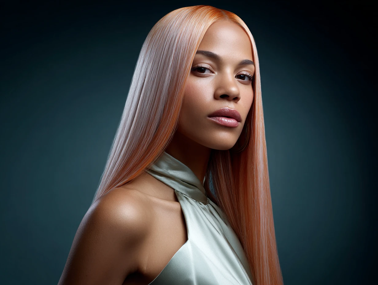 headshot, woman with ultra-straight long hair, sleek middle part, hair color gradient of neon tangerine and icy violet, smooth glassy finish, editorial-style lighting, luxe gown neckline visible, moody background