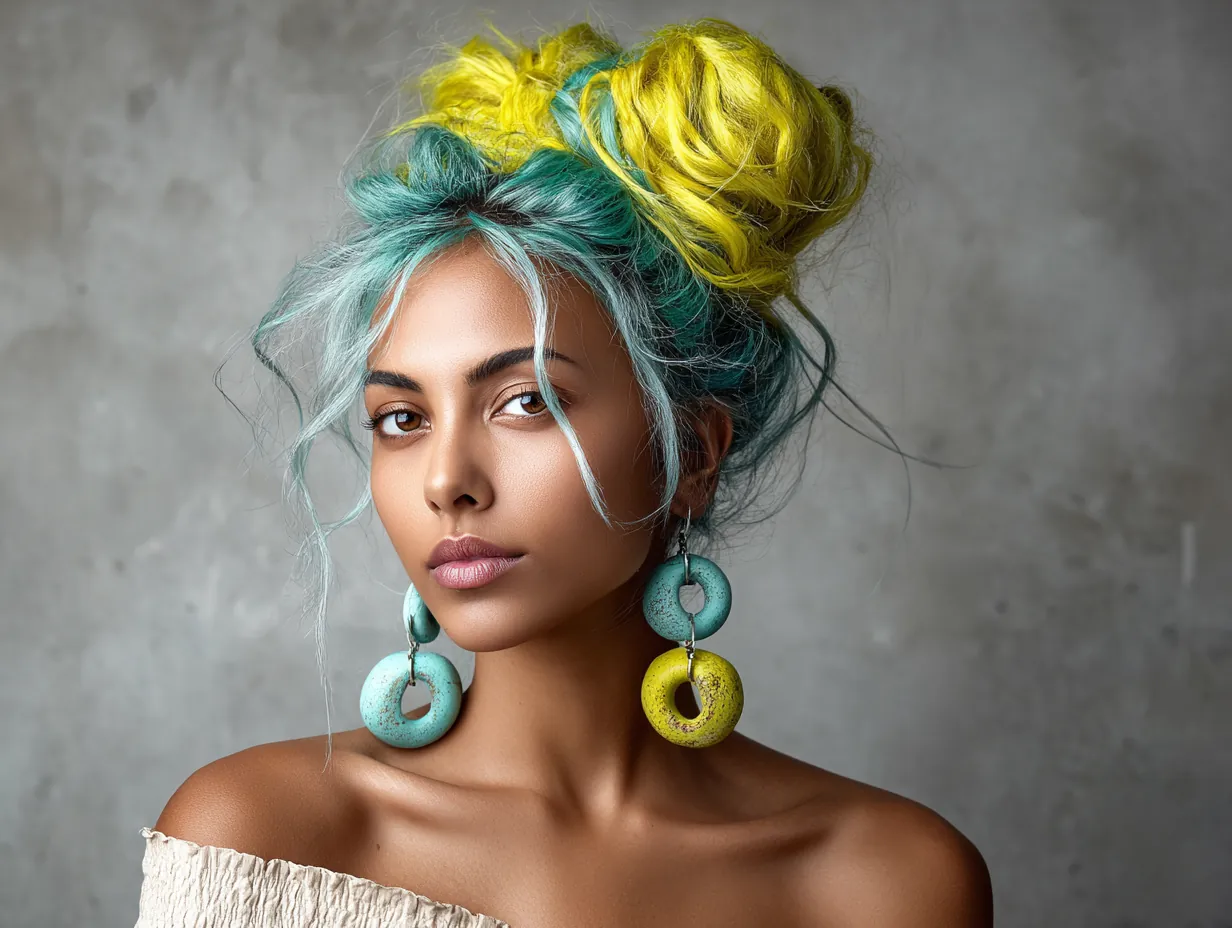 headshot, woman with voluminous high messy bun at the crown, strands loosely falling, vibrant lemon yellow and aquamarine blue hair, soft urban lighting, natural skin tone, oversized earrings, off-shoulder top