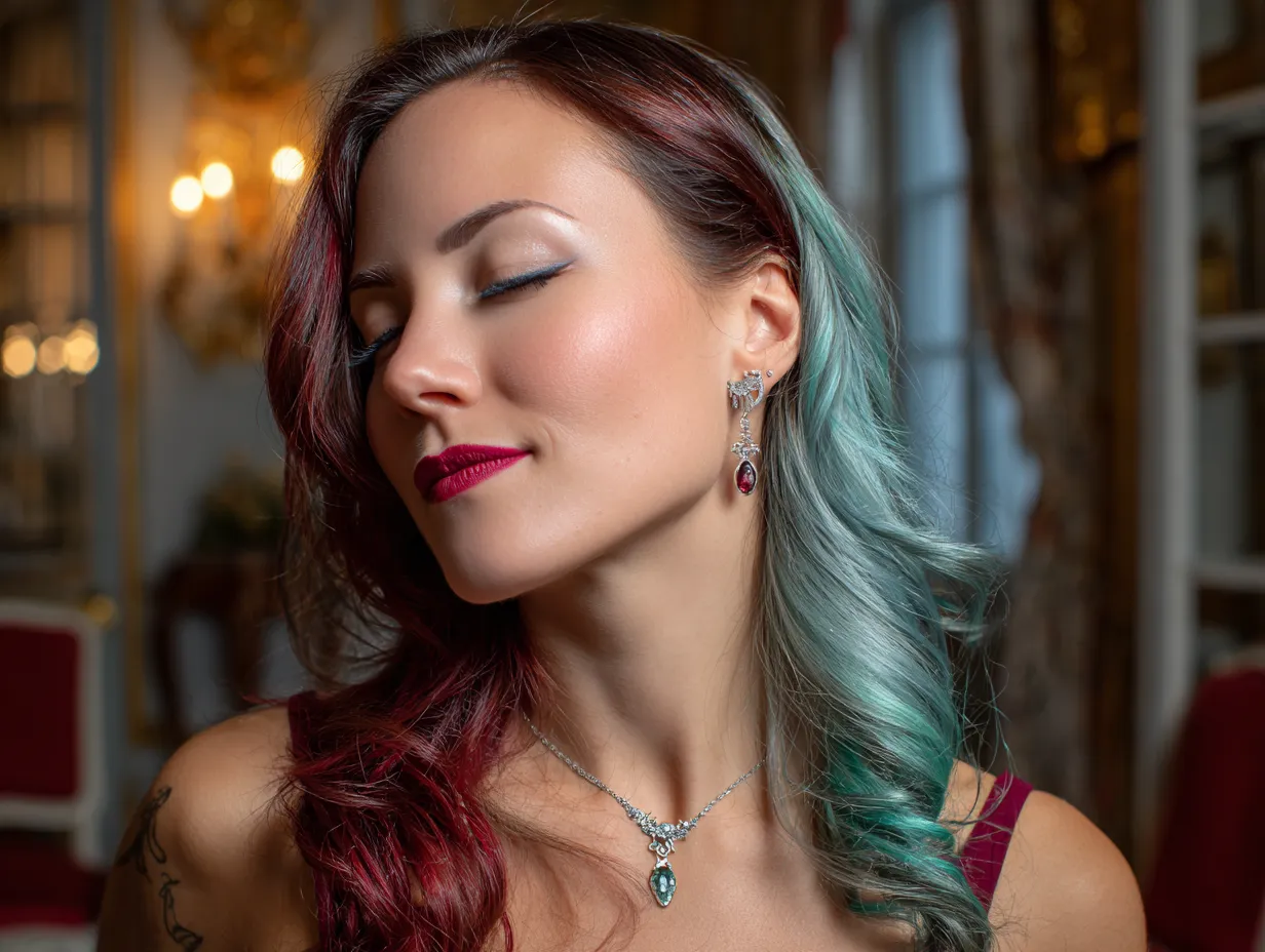 headshot, woman with long side-swept waves, deep side part, glossy hair in aquamarine and cherry red streaks, soft glam makeup, twilight lighting, romantic and cinematic vibe, delicate jewelry