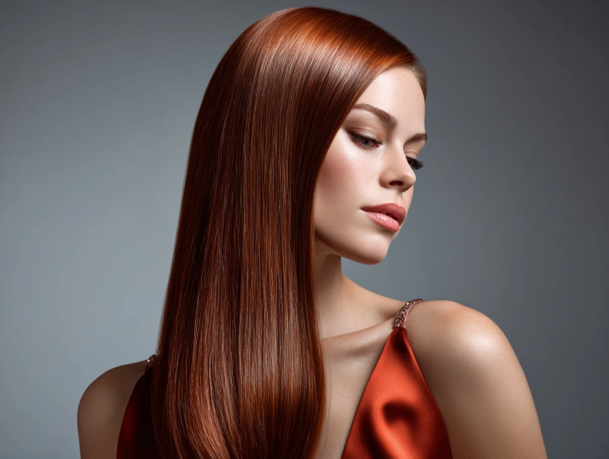headshot, woman with ultra-straight long hair, sleek middle part, hair color gradient of neon tangerine and icy violet, smooth glassy finish, editorial-style lighting, luxe gown neckline visible, moody background