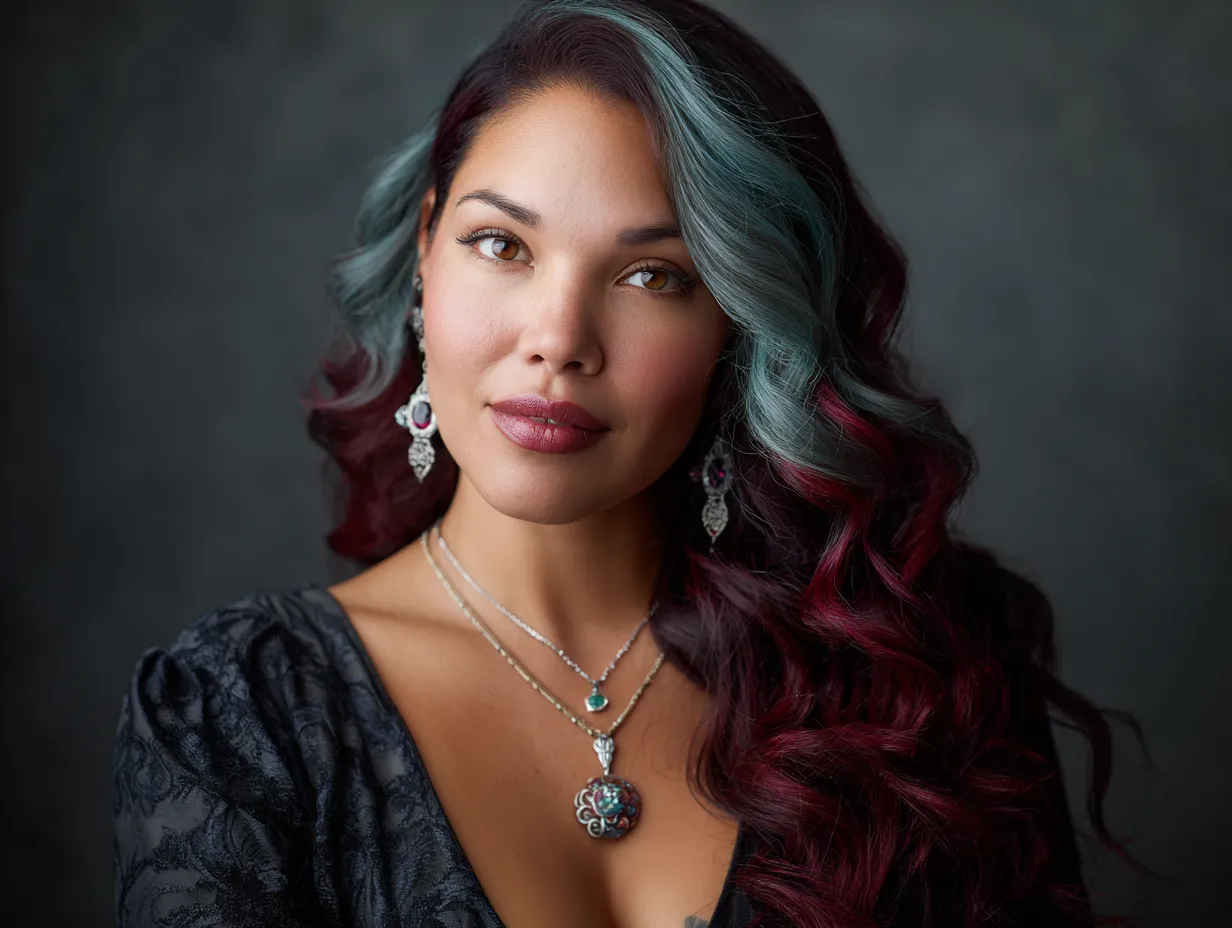 headshot, woman with long side-swept waves, deep side part, glossy hair in aquamarine and cherry red streaks, soft glam makeup, twilight lighting, romantic and cinematic vibe, delicate jewelry