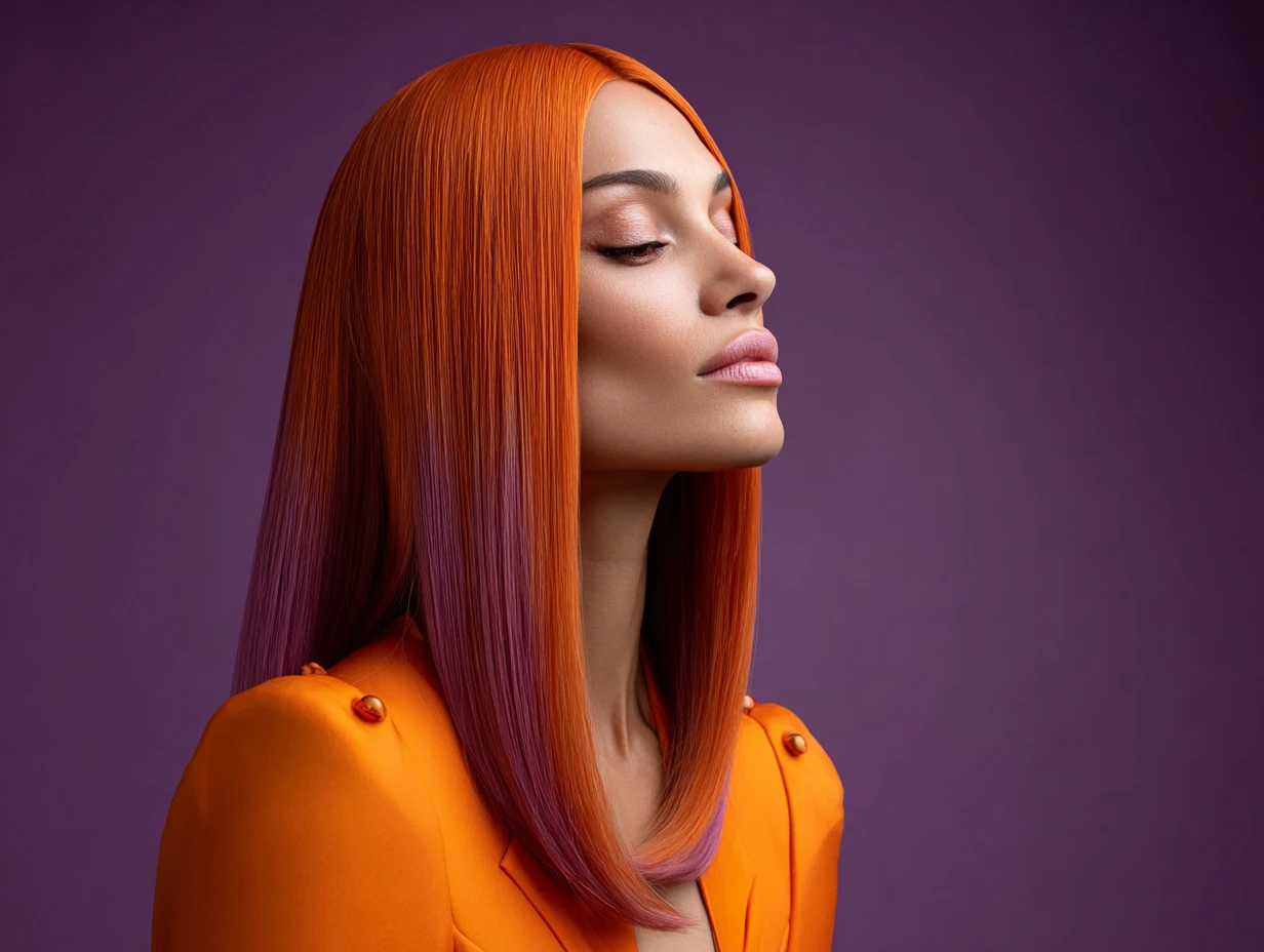 headshot, woman with ultra-straight long hair, sleek middle part, hair color gradient of neon tangerine and icy violet, smooth glassy finish, editorial-style lighting, luxe gown neckline visible, moody background