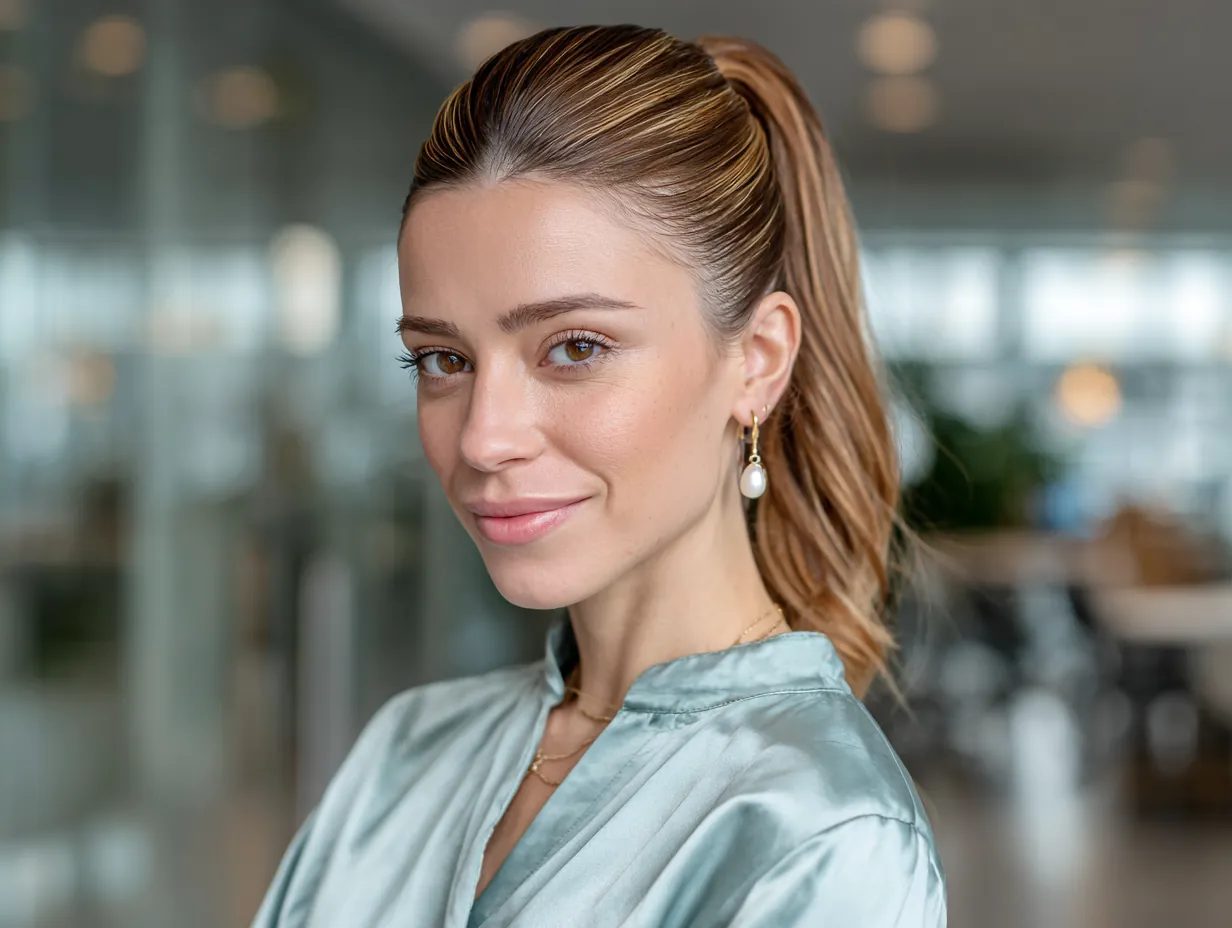 headshot, woman with sleek low ponytail, side-parted hair pulled tight at the base of the neck, strands dyed in teal and honey blonde blend, pearl earrings, corporate-style blouse, glass office environment