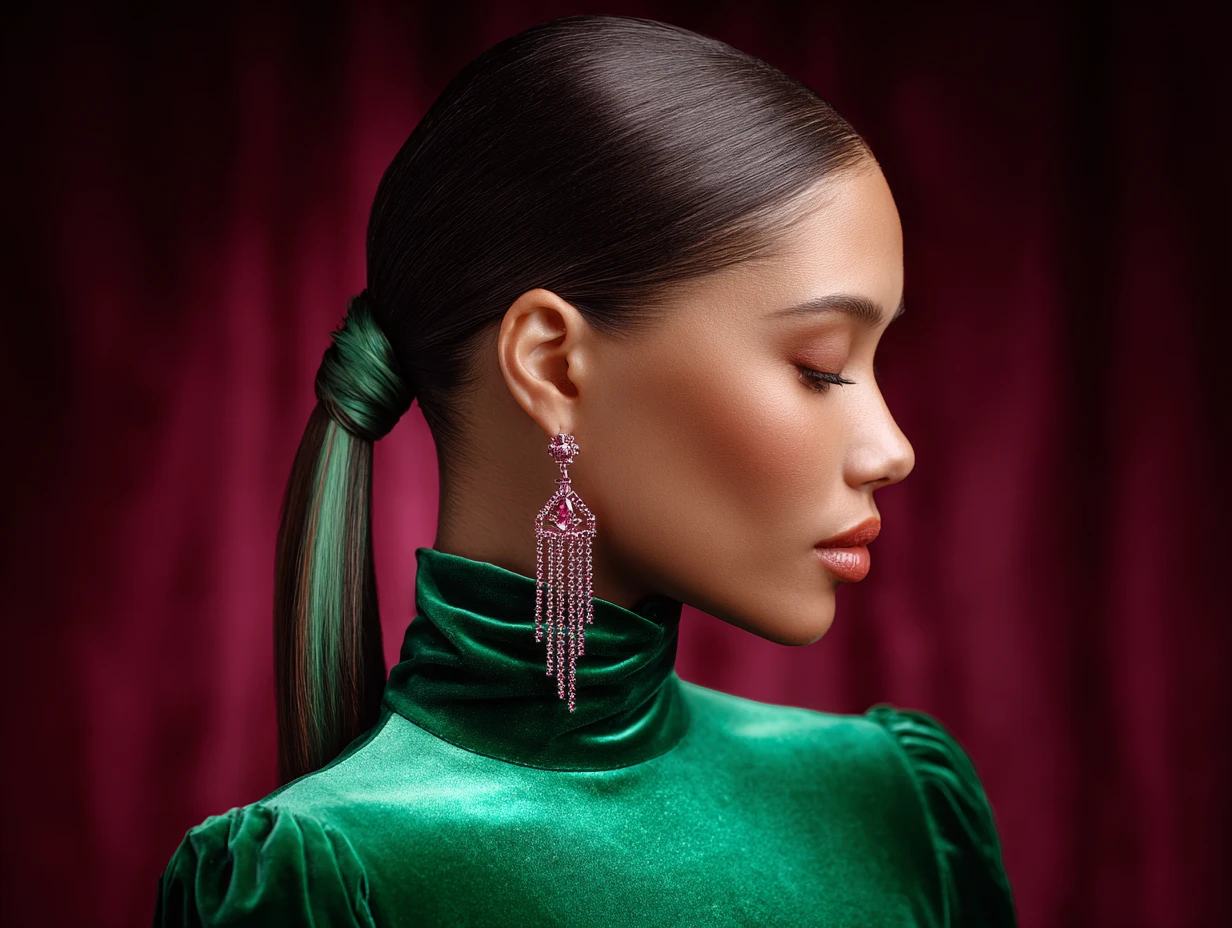 headshot, woman with sleek low ponytail wrapped with hair strand, deep side part, dual-tone emerald green and strawberry pink coloring, dramatic earring, soft spotlight backdrop, velvet texture implied in wardrobe, editorial tone