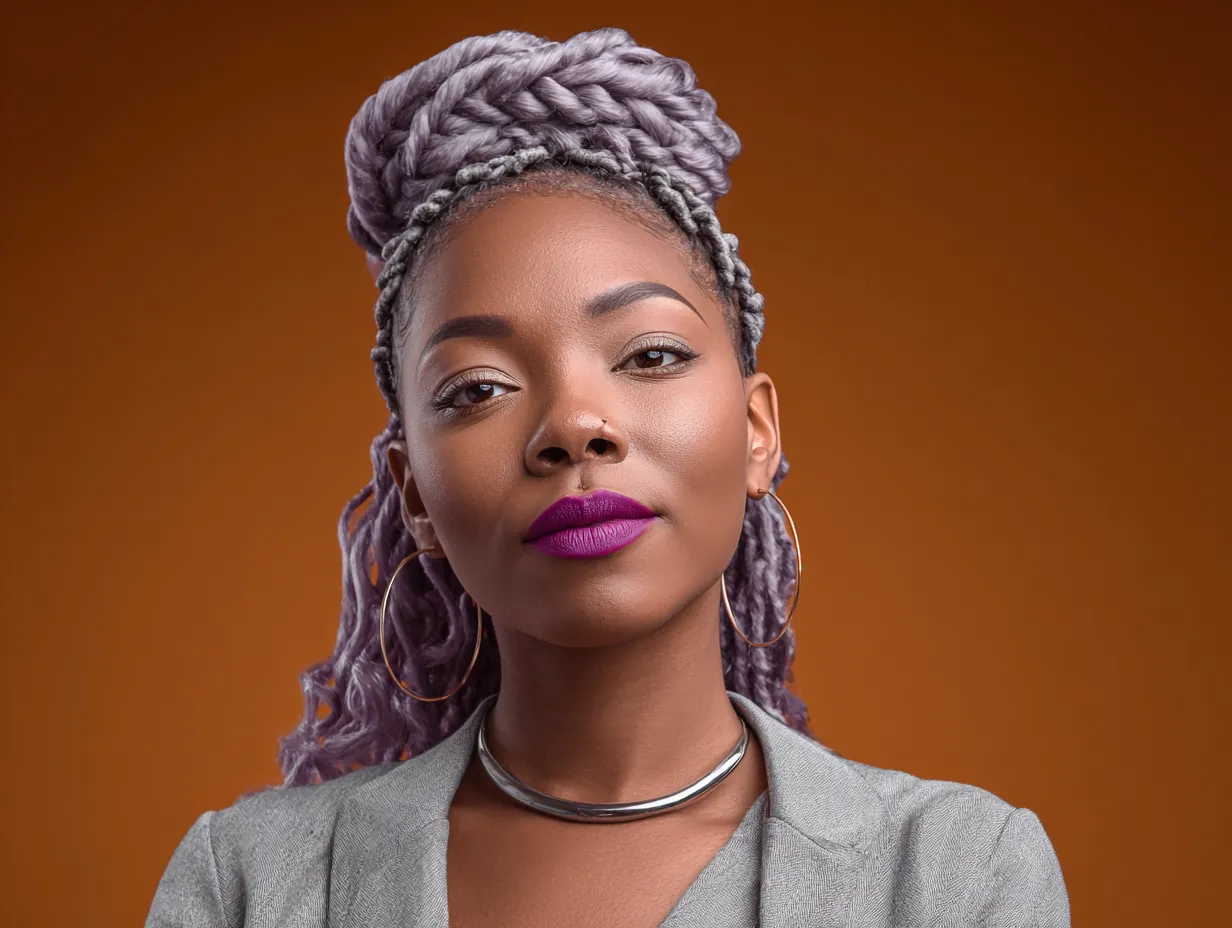 headshot, woman with braided crown across the top of the head, remaining hair softly curled, bright violet and sun orange tones blended through strands, matte lipstick, modern workplace backdrop, business-casual attire