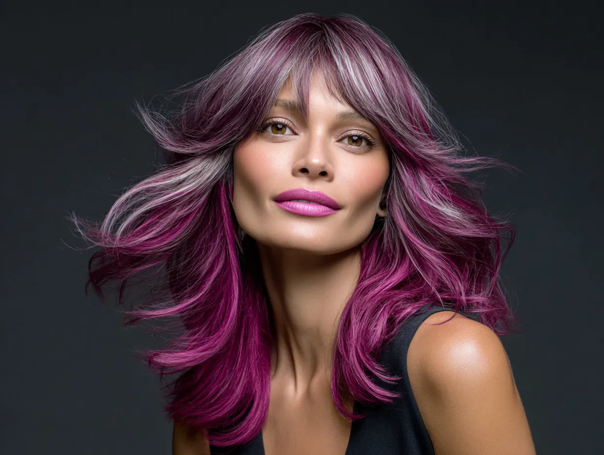 headshot, woman with bouncy high-volume blowout, flowing layers, bold fuchsia and ice lavender highlights, side-parted curtain bangs, glossy finish, wind-blown effect, indoor photoshoot lighting, modern styling