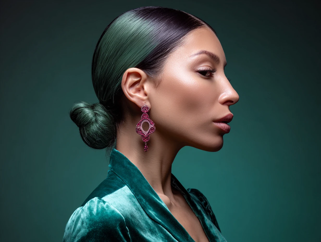 headshot, woman with sleek low ponytail wrapped with hair strand, deep side part, dual-tone emerald green and strawberry pink coloring, dramatic earring, soft spotlight backdrop, velvet texture implied in wardrobe, editorial tone