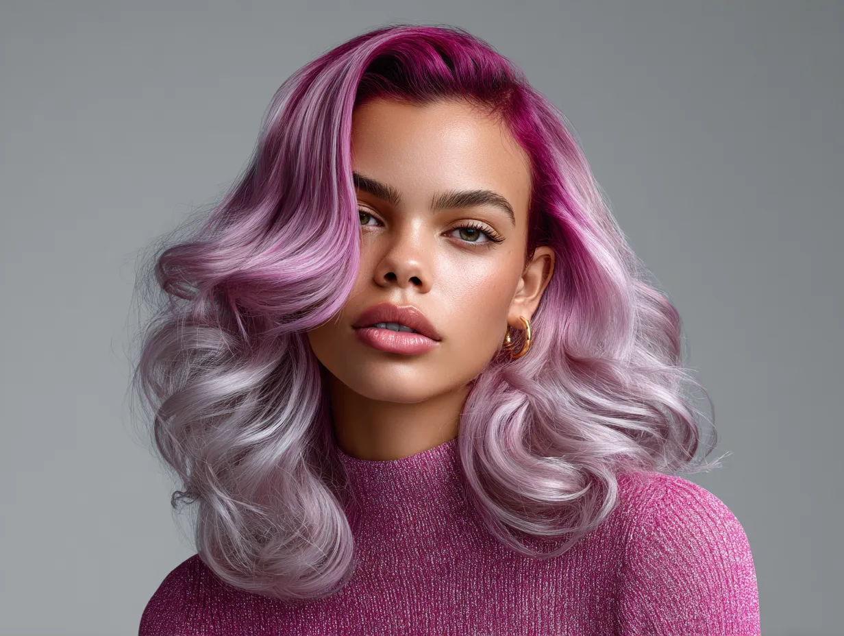 headshot, woman with bouncy high-volume blowout, flowing layers, bold fuchsia and ice lavender highlights, side-parted curtain bangs, glossy finish, wind-blown effect, indoor photoshoot lighting, modern styling