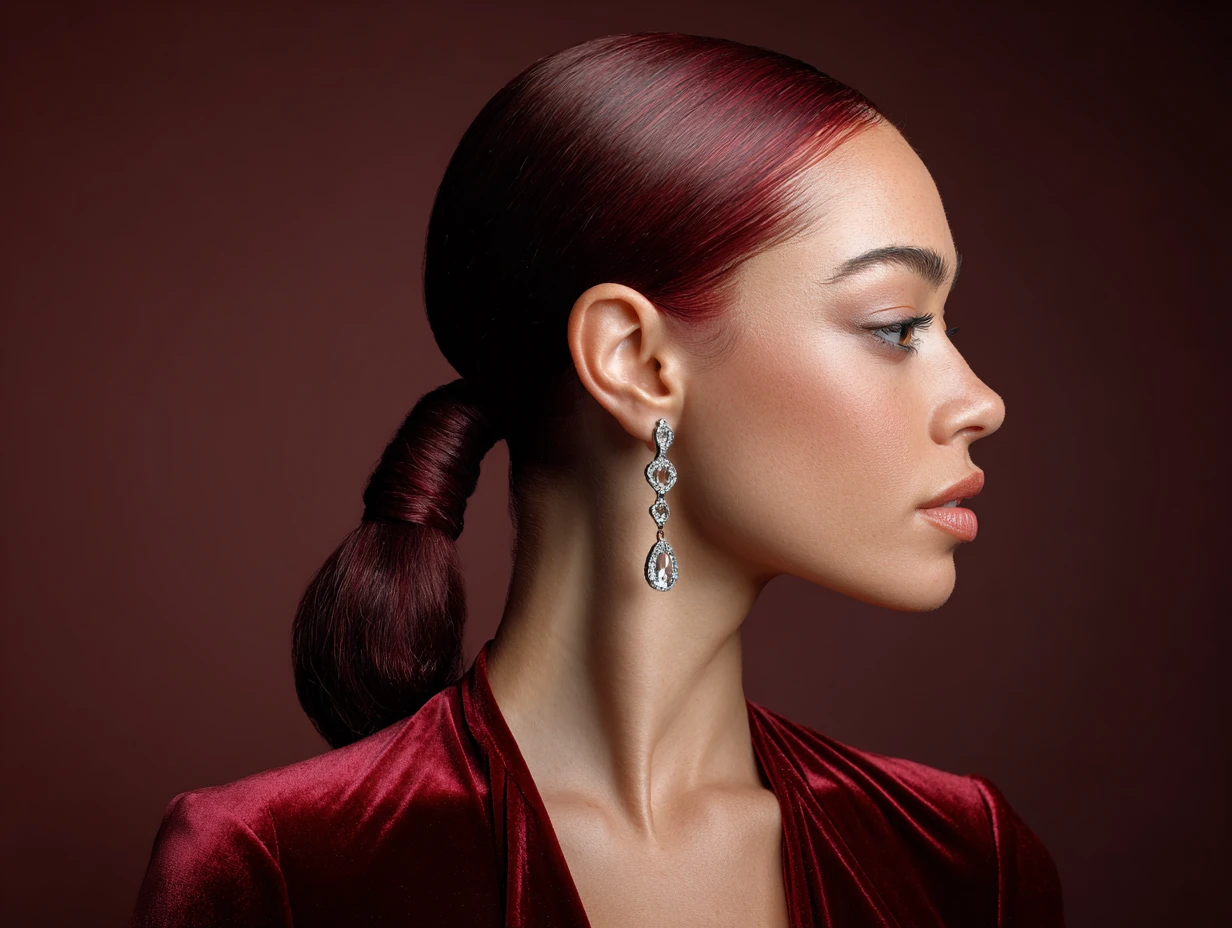 headshot, woman with sleek low ponytail wrapped with hair strand, deep side part, dual-tone emerald green and strawberry pink coloring, dramatic earring, soft spotlight backdrop, velvet texture implied in wardrobe, editorial tone